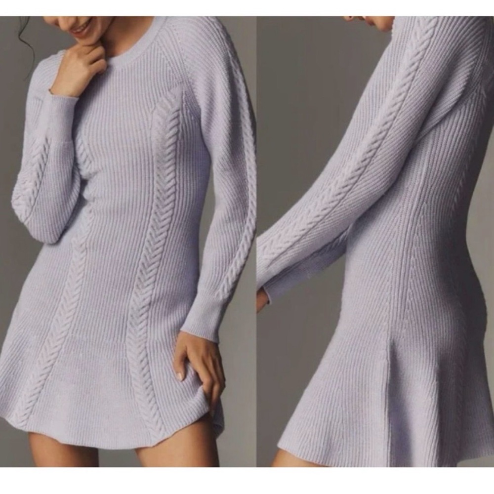 Anthropologie Gray Blue Cable-Knit Long Sleeve Fit-and-Flare Dress - Picture 5 of 6